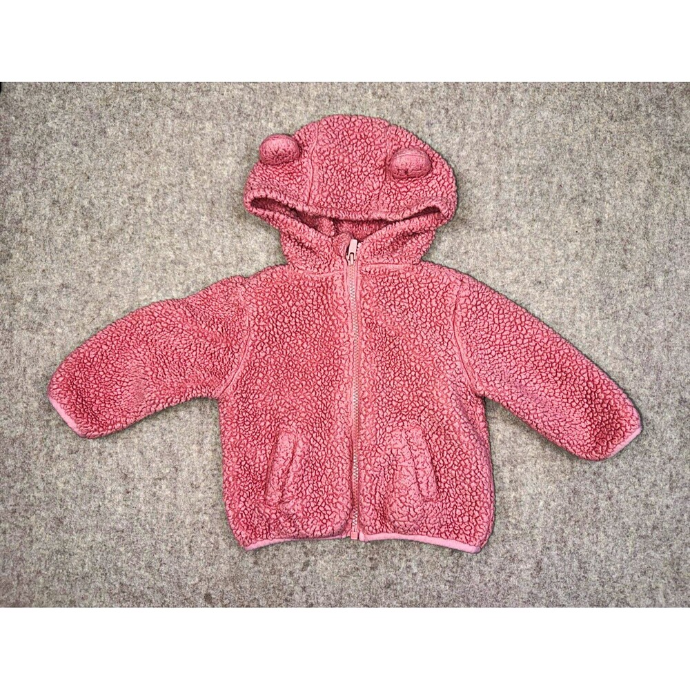 Old Navy Girls Pink Sherpa Full Zip Hooded Jacket 12-18 Months Bear Theme